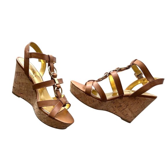 Marc Fisher Wedge Sandals Genny Brown Leather Strappy Gold Accents & Cork Heel 9 - Picture 1 of 8